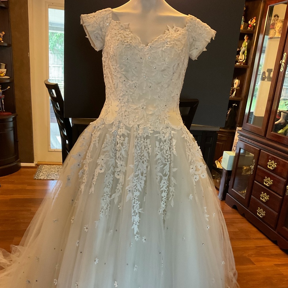 Wedding dress tulle with lace and rhinestones